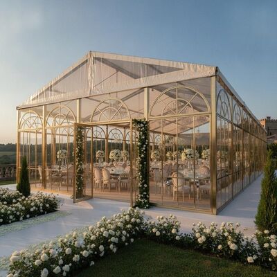 kopen Luxe bruiloft receptie feesttent tent gehard glas muur champagne gouden frame elegante Europese locatie luifelstructuur online vervaardiging