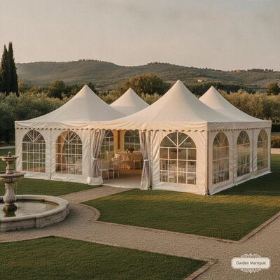 kopen Elegante tuinfeesttent aluminium frame crème ivoor luifel panoramische ramen Italiaanse villa buitenreceptie online vervaardiging