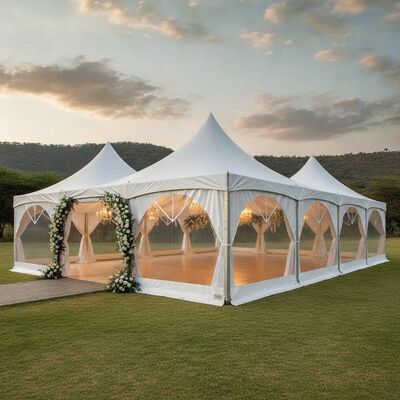 kopen Luxe trouw tent Zuid-Afrika Elegante witte PVC evenement paviljoen Aluminium TUV gecertificeerd voor openluchtceremonie online vervaardiging
