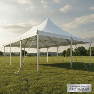 Windbelasting honderd kilometer per uur getest feestmarquee tent zwaar werk verankerd frame aluminium luifel structuur