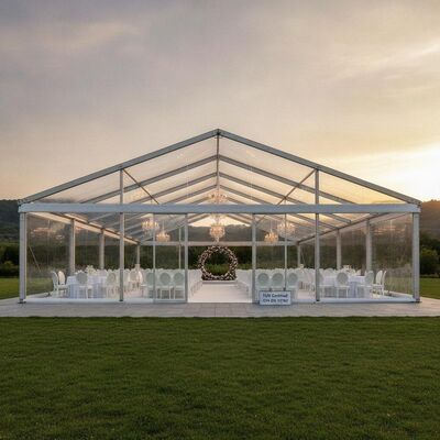 Luxe glazen wand bruiloftsfeest Marquee tent TUV gecertificeerd DIN EN 13782 Duitse premium evenement locatie Clear Span