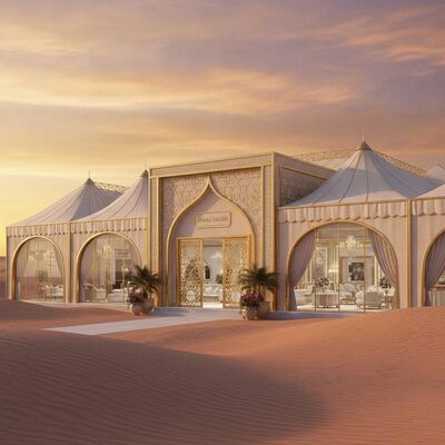 Luxe Arabische woestijn bruiloft evenement feesttent tent klimaatgestuurde gouden afwerking voor koninklijke vieringen in de VAE